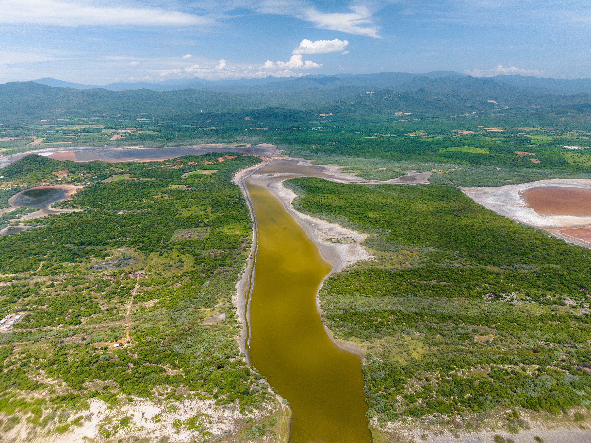 Sweeping aerial of a mangrove river winding toward distant mountains